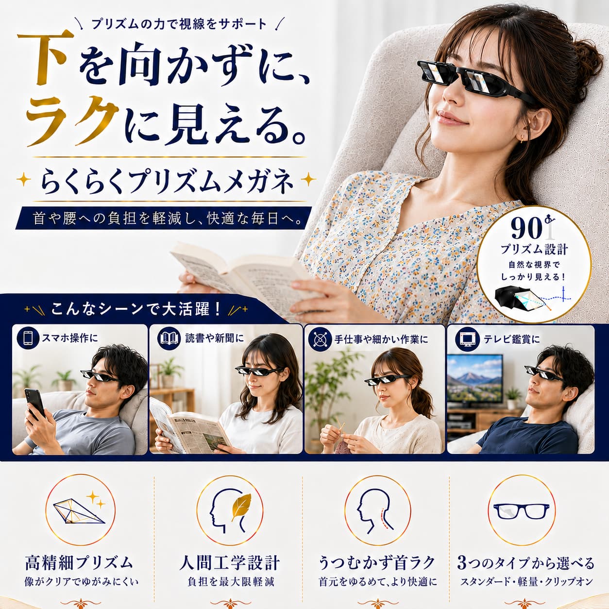 Lunoru 健康サポートメガネ｜家で必須｜首・腰の救世主｜スマホ・読書も楽々｜寝ながらテレビ｜男女兼用