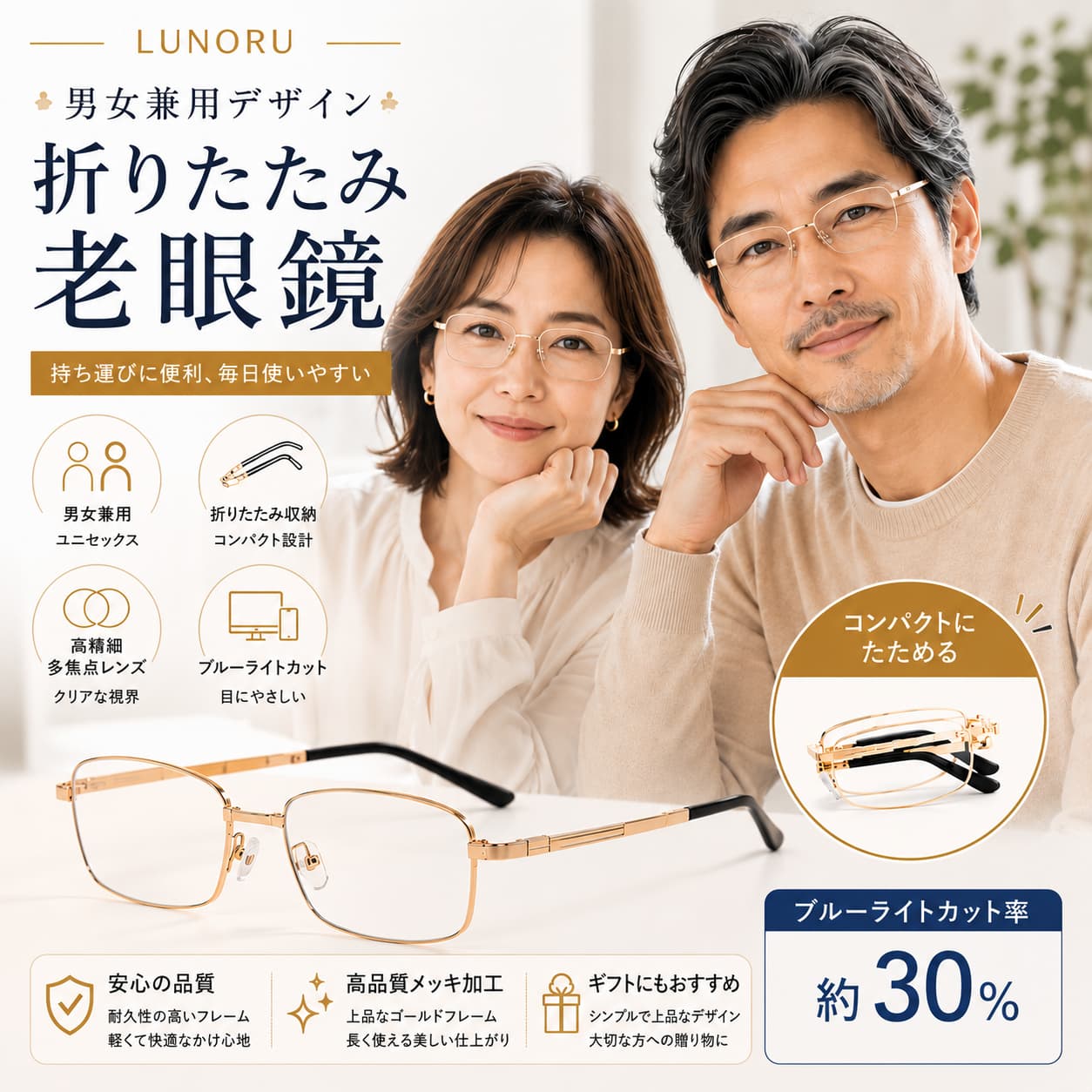 ビジネス向け 折りたたみ式 累進多焦点 ブルーライトカット老眼鏡