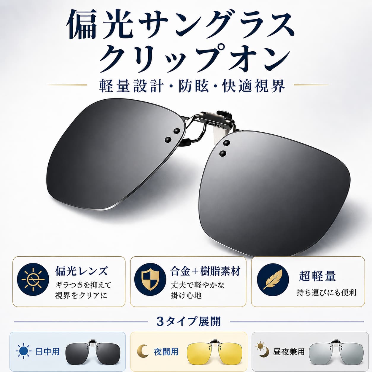 LUNORU 跳ね上げ式 偏光クリップオンサングラス 超軽量 UV400 運転・釣り・外出用 (1秒装着・取り外し不要)