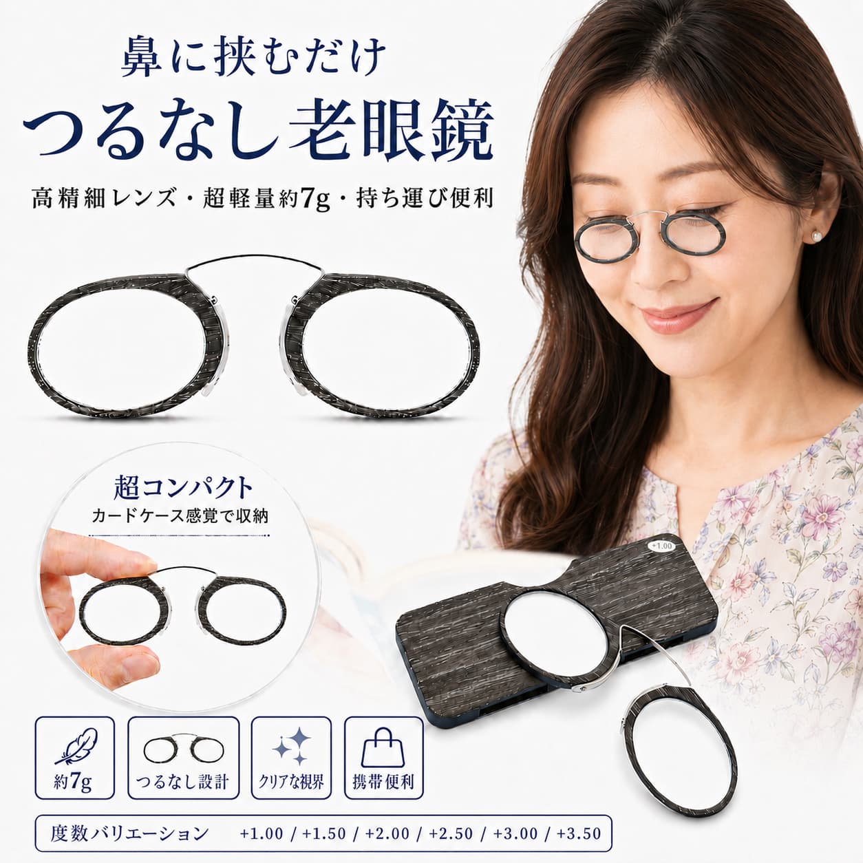 LUNORU 携帯便利な折りたたみ式つるなし老眼鏡