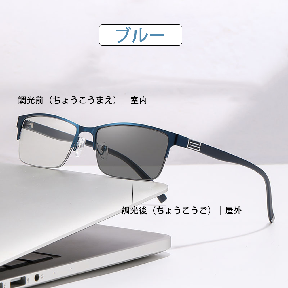 Lunoru 調光レンズ 老眼鏡 メンズ 多焦点 遠近両用 ハーフリム ブルーライトカット クラシックデザイン おしゃれ 日常・ビジネスにおすすめ