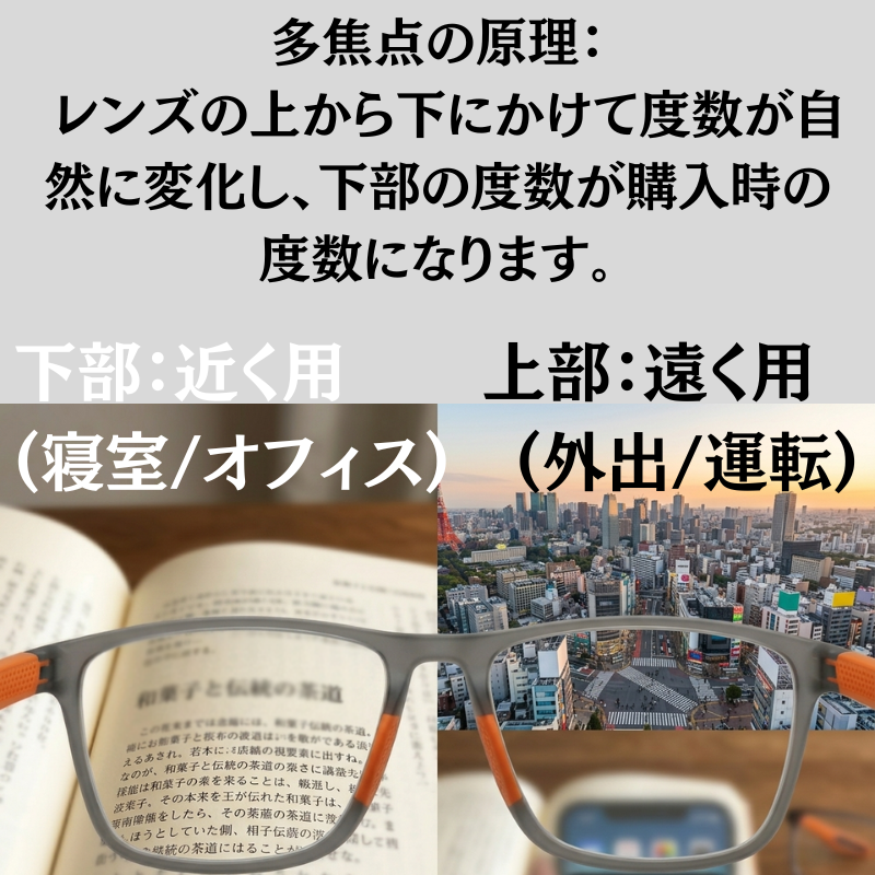 夏用多機能老眼鏡｜多焦点｜ブルーライト＆UVカット｜軽量・滑りにくい・落ちにくい｜家・外出・スポーツ対応｜若見えでおしゃれ｜男女兼用