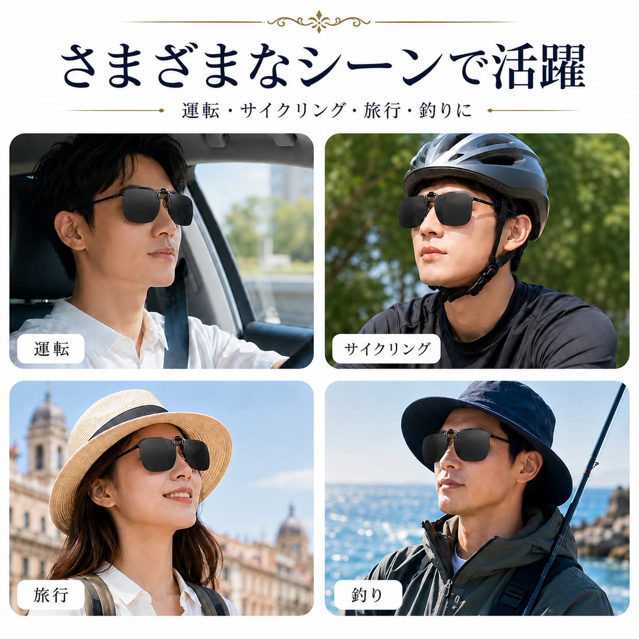 LUNORU 跳ね上げ式 偏光クリップオンサングラス 超軽量 UV400 運転・釣り・外出用 (1秒装着・取り外し不要)
