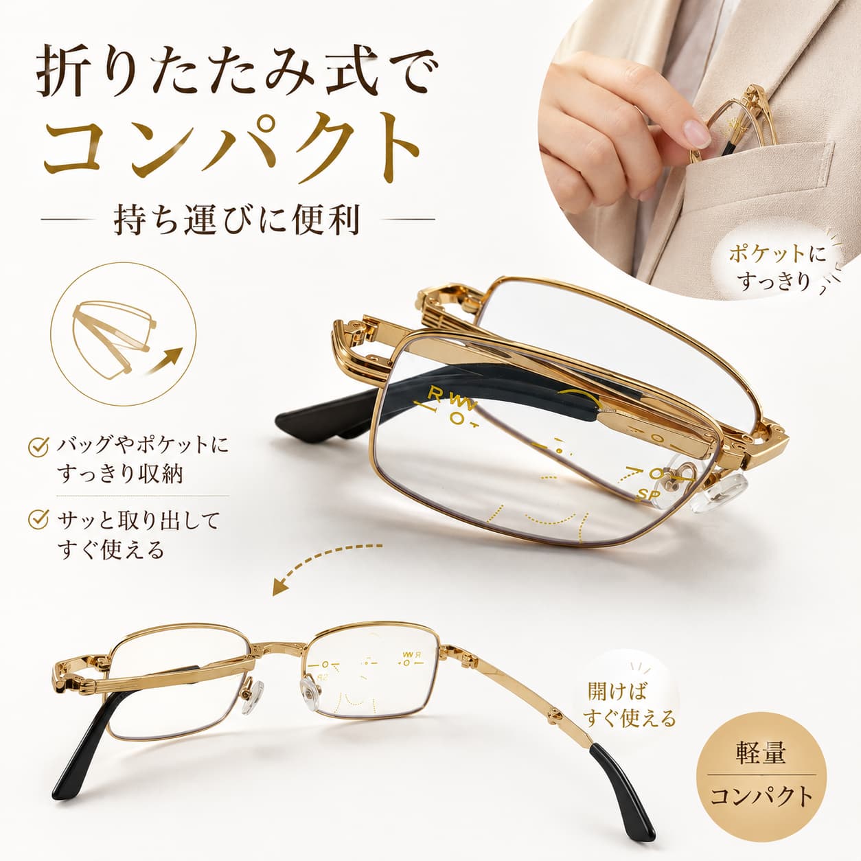 ビジネス向け 折りたたみ式 累進多焦点 ブルーライトカット老眼鏡