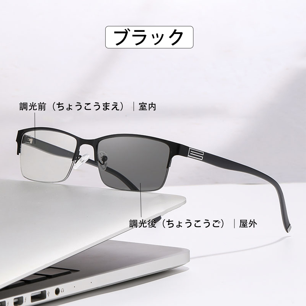 Lunoru 調光レンズ 老眼鏡 メンズ 多焦点 遠近両用 ハーフリム ブルーライトカット クラシックデザイン おしゃれ 日常・ビジネスにおすすめ