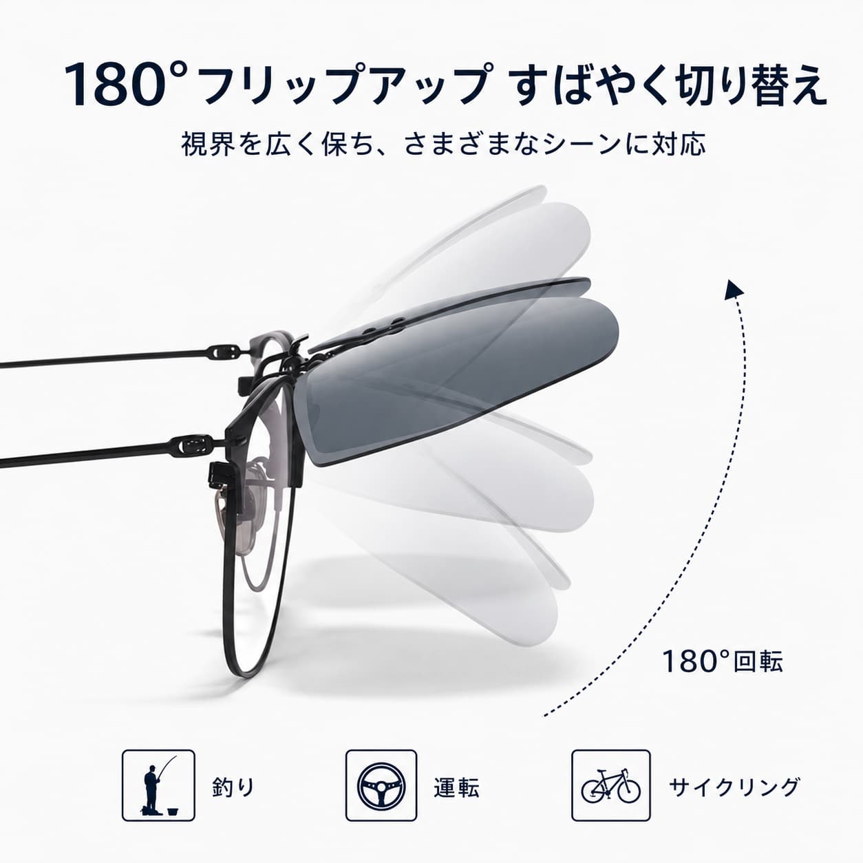 LUNORU 跳ね上げ式 偏光クリップオンサングラス 超軽量 UV400 運転・釣り・外出用 (1秒装着・取り外し不要)
