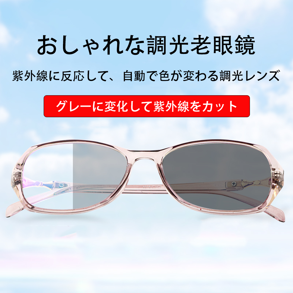 Lunoru レディース 老眼鏡 調光レンズ サングラス一体型 ブルーライトカット 超軽量 高精細 おしゃれ 紫外線対策 リーディンググラス 日常・屋外におすすめ