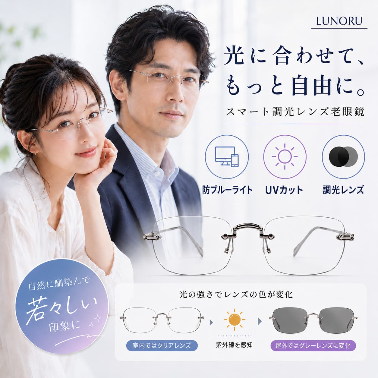 おしゃれ男女兼用リーディンググラス｜若見え！ブルーライトカット・調光・偏光・UVカット